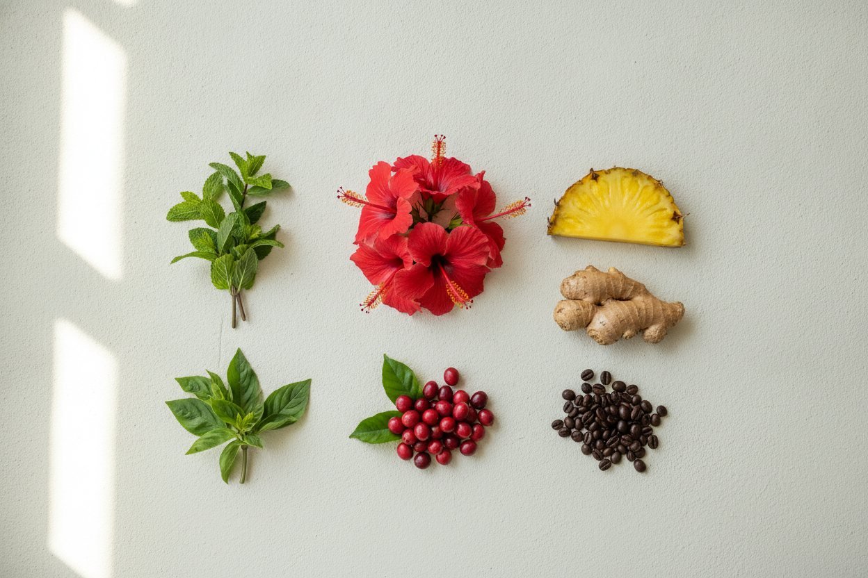 Fresh craft-beverage ingredients on a pale surface: mint, red hibiscus flowers, a pineapple wedge, ginger root, basil, red coffee cherries and roasted coffee beans.